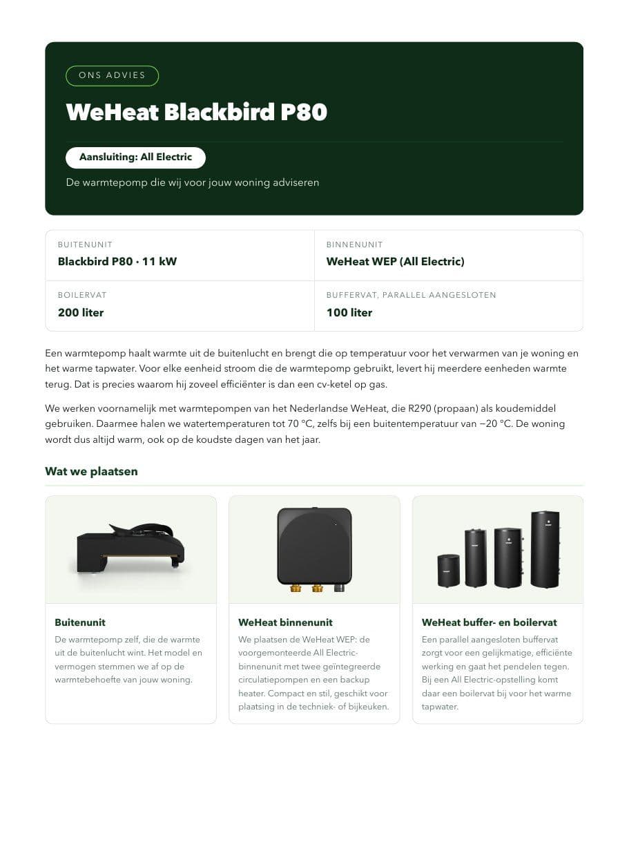 Pagina uit een adviesrapport: geadviseerde warmtepomp met specificaties en wat er wordt geplaatst