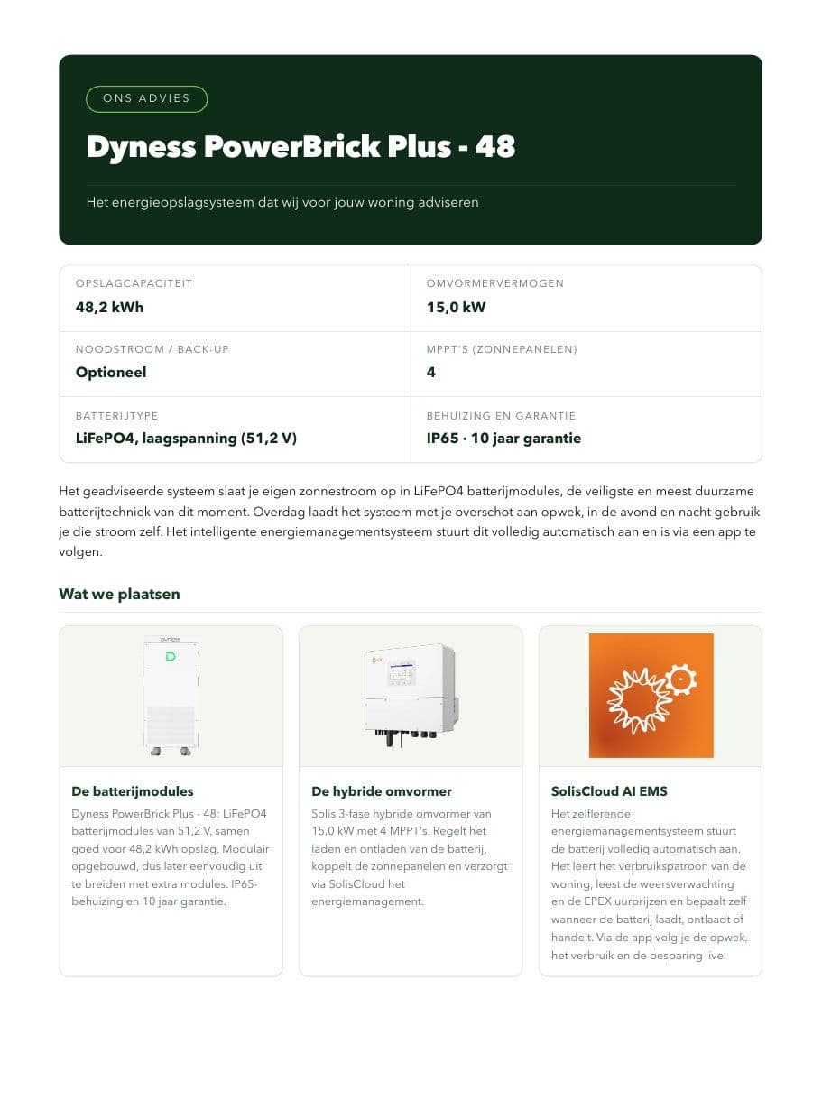 Pagina uit een adviesrapport: geadviseerd energieopslagsysteem met specificaties