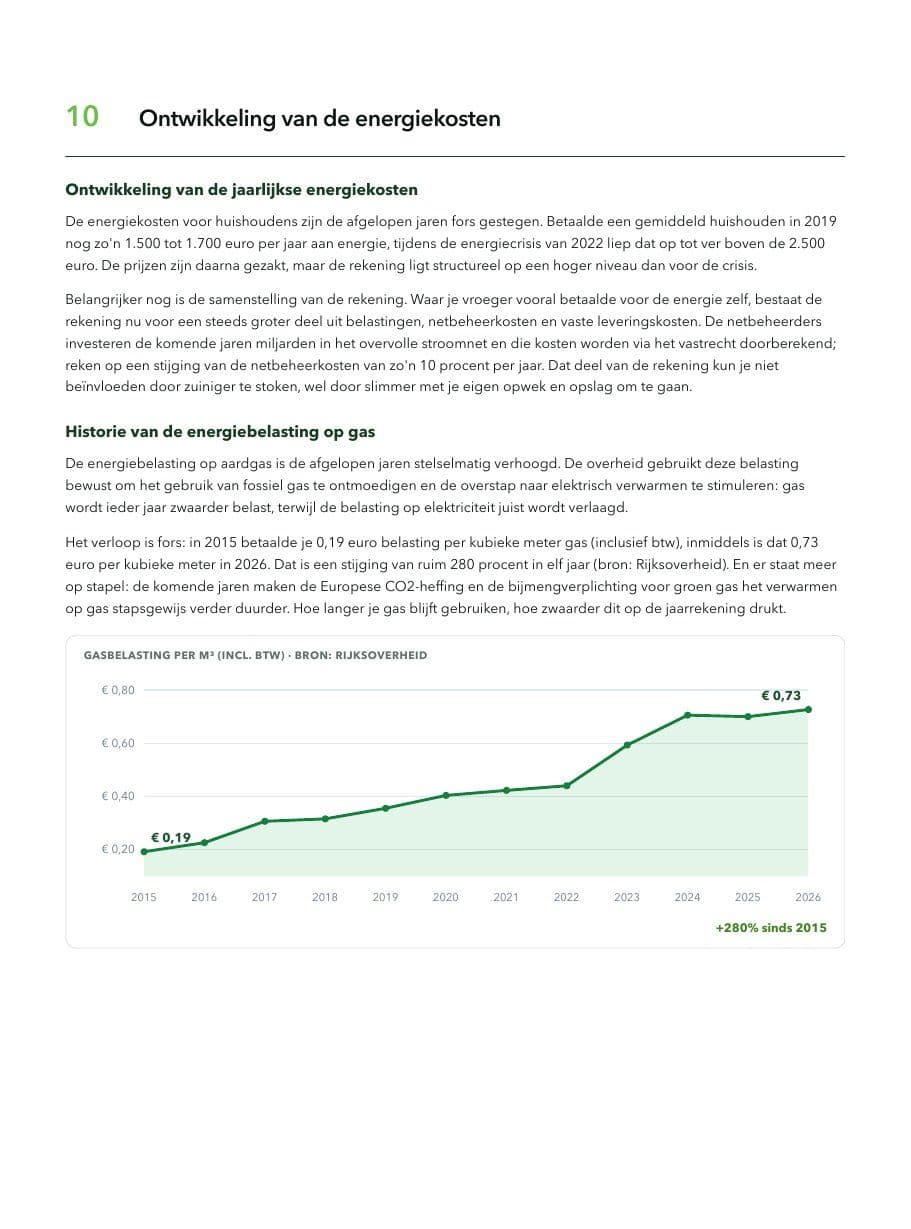 Pagina uit een adviesrapport: ontwikkeling van de energiekosten met grafiek